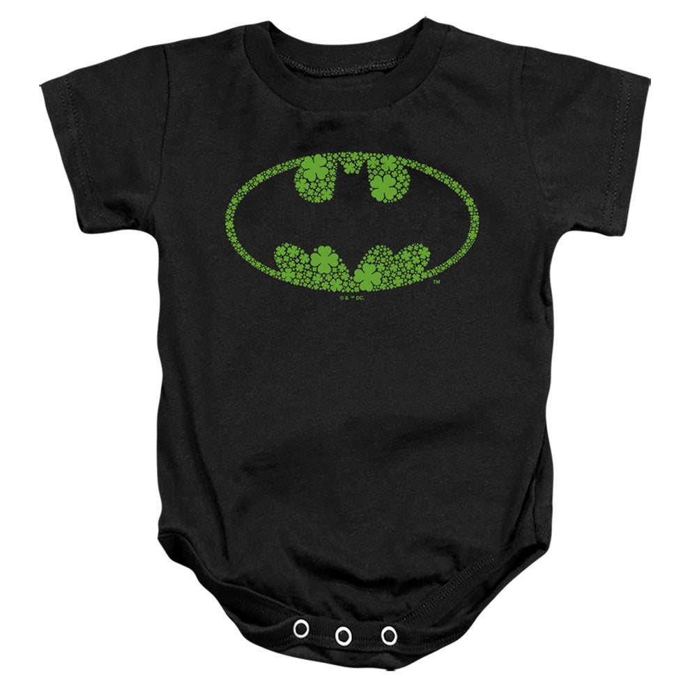 AN OFFCIALLY LICENSED BATMAN ST. PATRICK'S DAY SHAMROCK LOGO BABY BODYSUIT BLACK