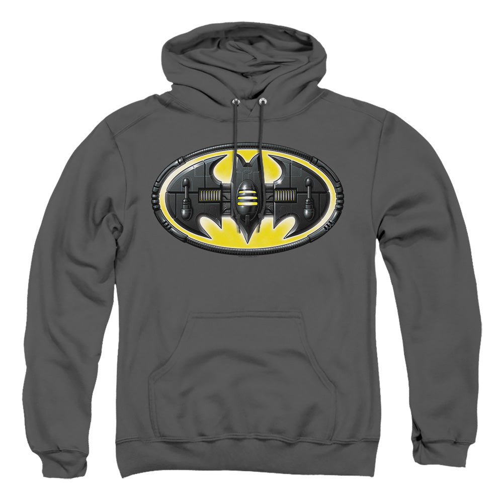 AN OFFCIALLY LICENSED BATMAN BAT MECH LOGO ADULT UNISEX PULLOVER HOODIE CHARCOAL