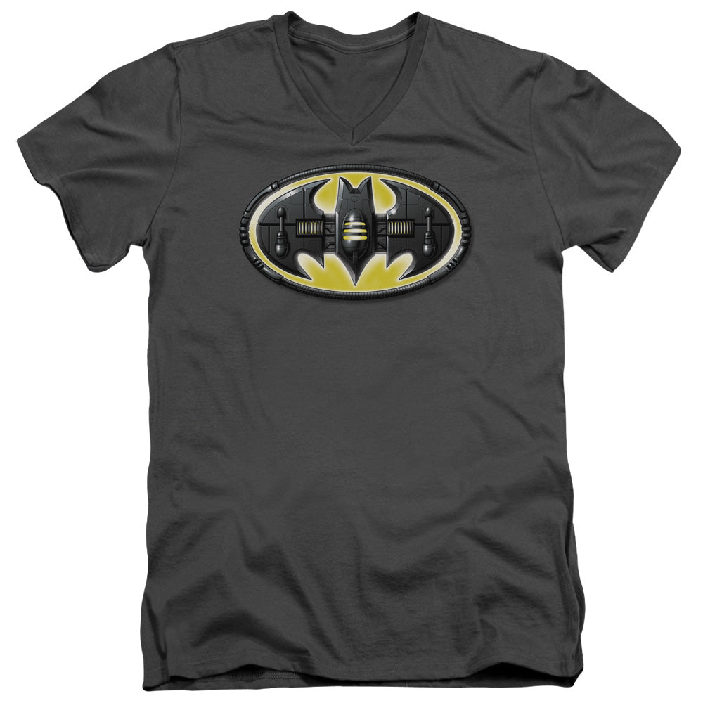 AN OFFCIALLY LICENSED BATMAN BAT MECH LOGO MEN'S V-NECK T-SHIRT CHARCOAL