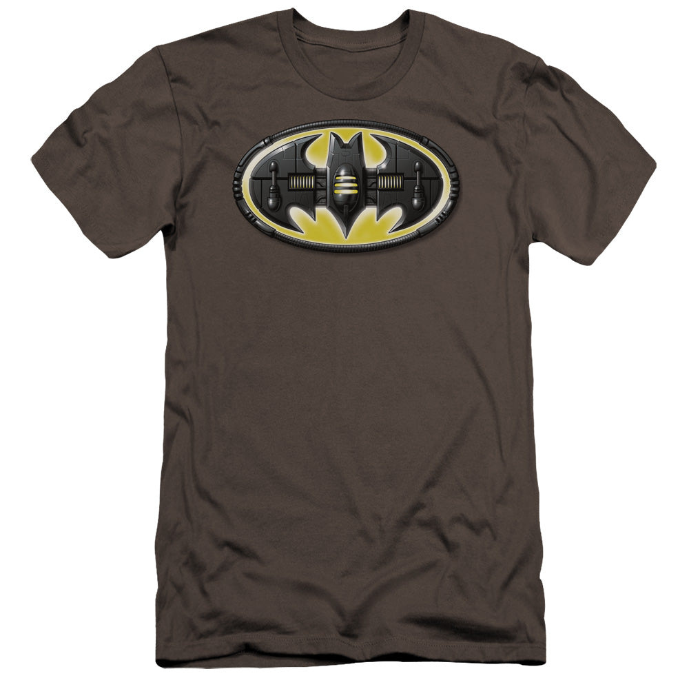 AN OFFCIALLY LICENSED BATMAN BAT MECH LOGO MEN'S PREMIUM SLIM FIT T-SHIRT CHARCOAL