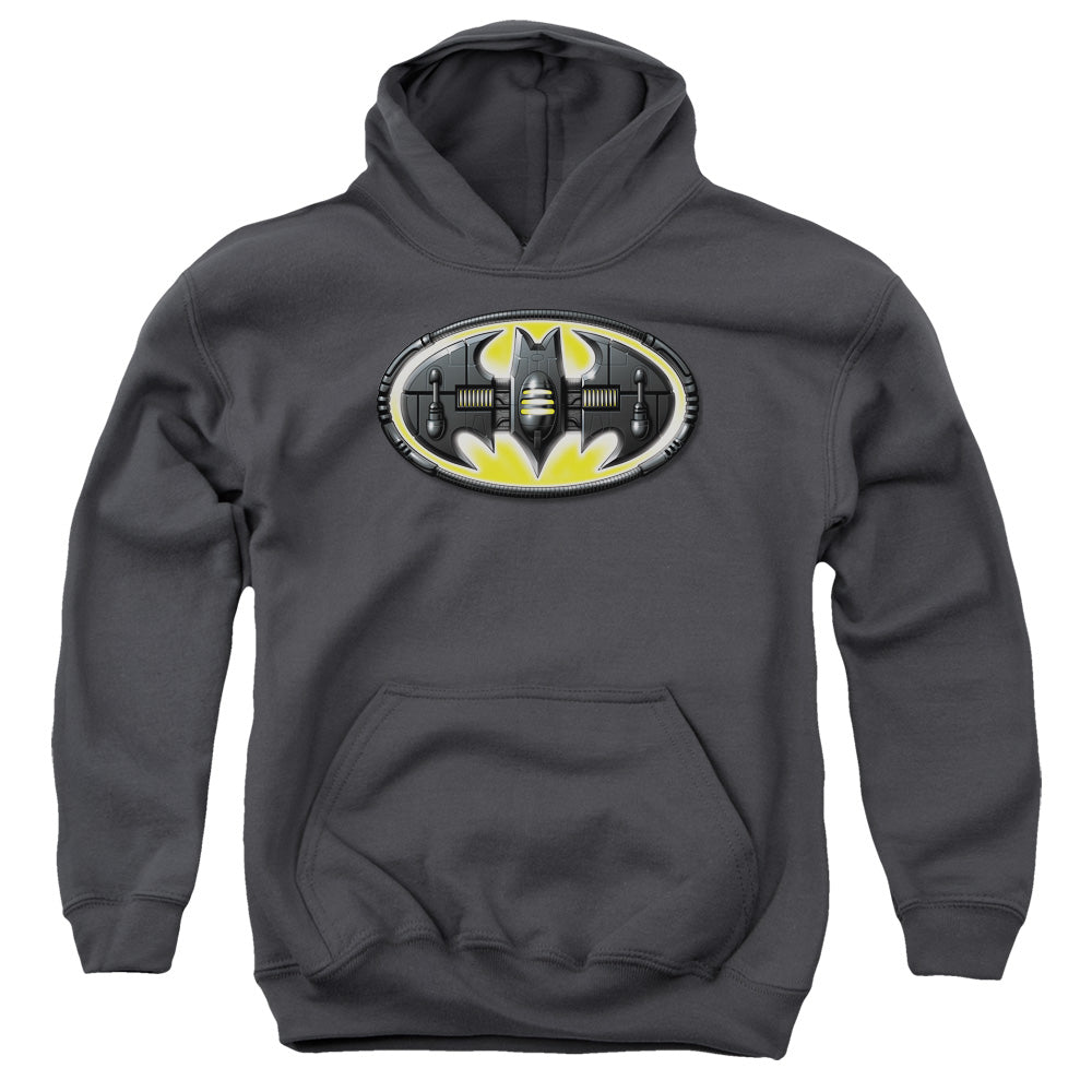AN OFFCIALLY LICENSED BATMAN BAT MECH LOGO YOUTH HOODIE CHARCOAL