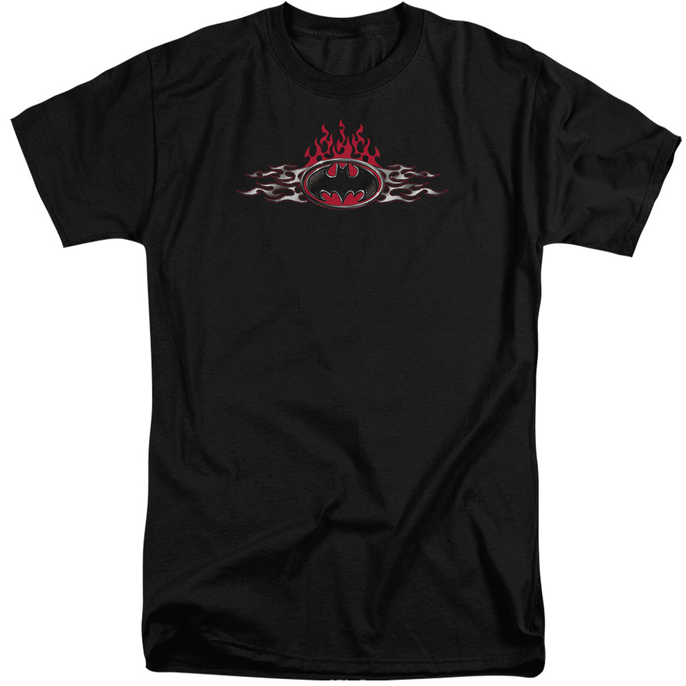 AN OFFCIALLY LICENSED BATMAN STEEL FLAMES LOGO MEN'S TALL FIT T-SHIRT BLACK