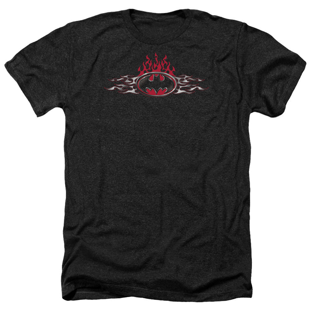 AN OFFCIALLY LICENSED BATMAN STEEL FLAMES LOGO MEN'S HEATHER T-SHIRT CHARCOAL