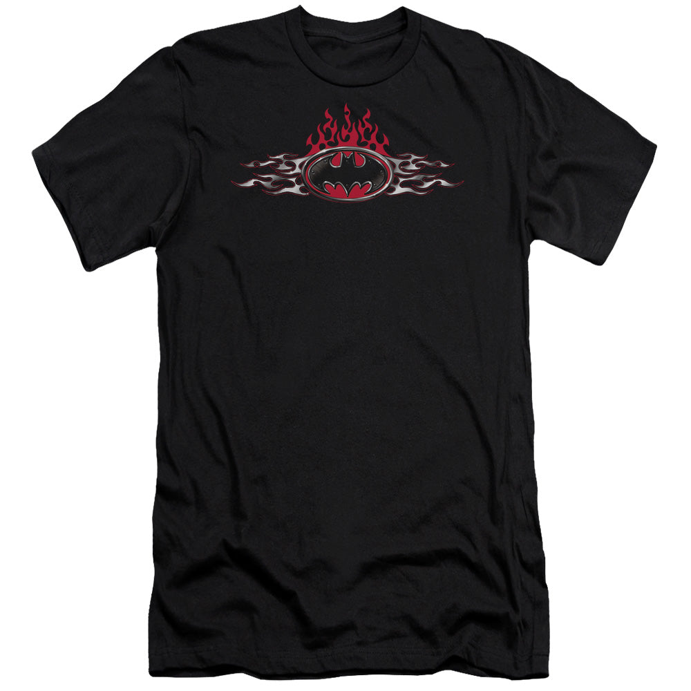 AN OFFCIALLY LICENSED BATMAN STEEL FLAMES LOGO MEN'S PREMIUM SLIM FIT T-SHIRT BLACK