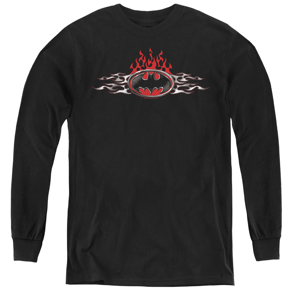 AN OFFCIALLY LICENSED BATMAN STEEL FLAMES LOGO YOUTH LONG SLEEVE T-SHIRT BLACK