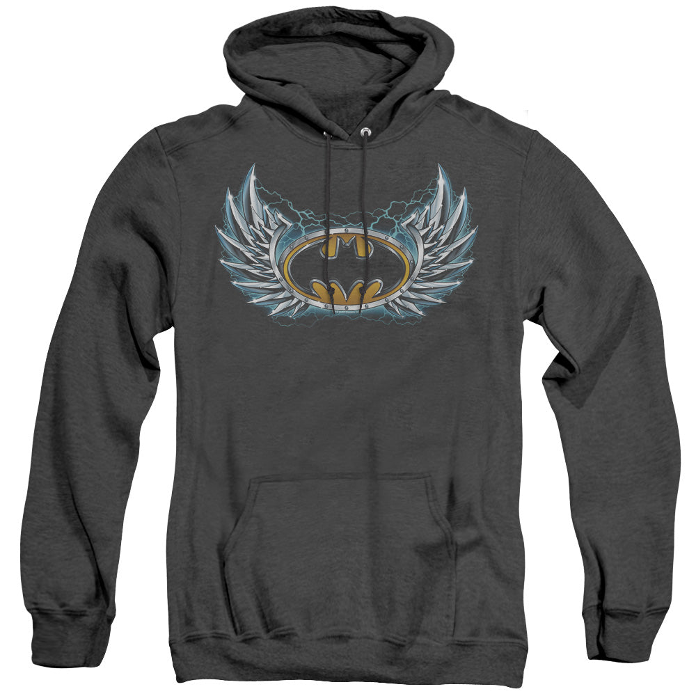 AN OFFCIALLY LICENSED BATMAN STEEL WINGS LOGO ADULT UNISEX HEATHER PULLOVER HOODIE BLACK