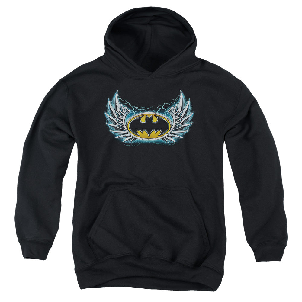 AN OFFCIALLY LICENSED BATMAN STEEL WINGS LOGO YOUTH HOODIE BLACK
