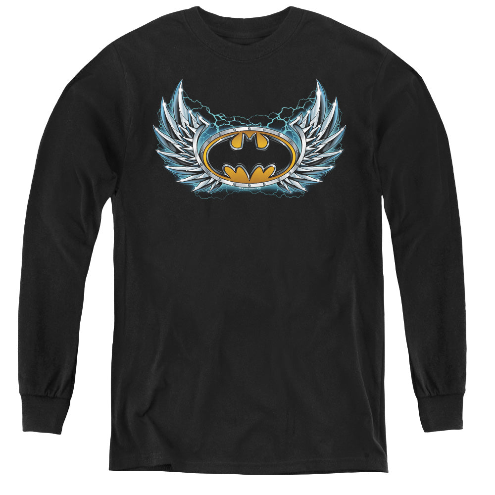 AN OFFCIALLY LICENSED BATMAN STEEL WINGS LOGO YOUTH LONG SLEEVE T-SHIRT BLACK