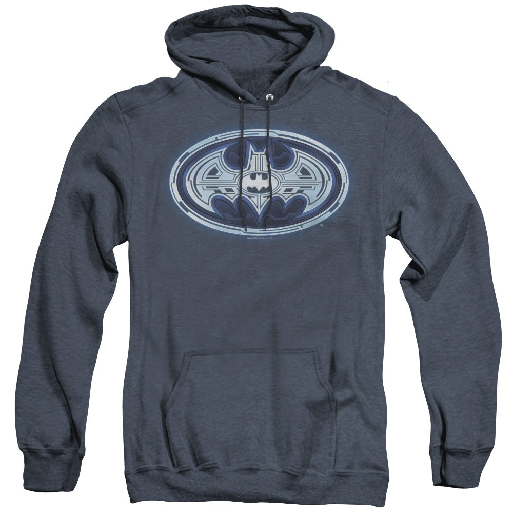AN OFFCIALLY LICENSED BATMAN CYBER BAT SHIELD ADULT UNISEX HEATHER PULLOVER HOODIE NAVY