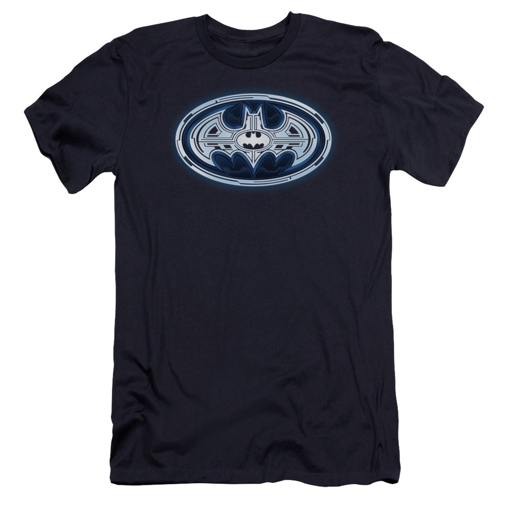 AN OFFCIALLY LICENSED BATMAN CYBER BAT SHIELD MEN'S PREMIUM SLIM FIT T-SHIRT NAVY
