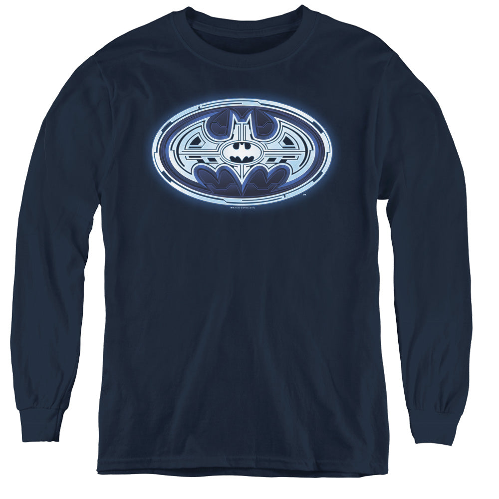 AN OFFCIALLY LICENSED BATMAN CYBER BAT SHIELD YOUTH LONG SLEEVE T-SHIRT NAVY