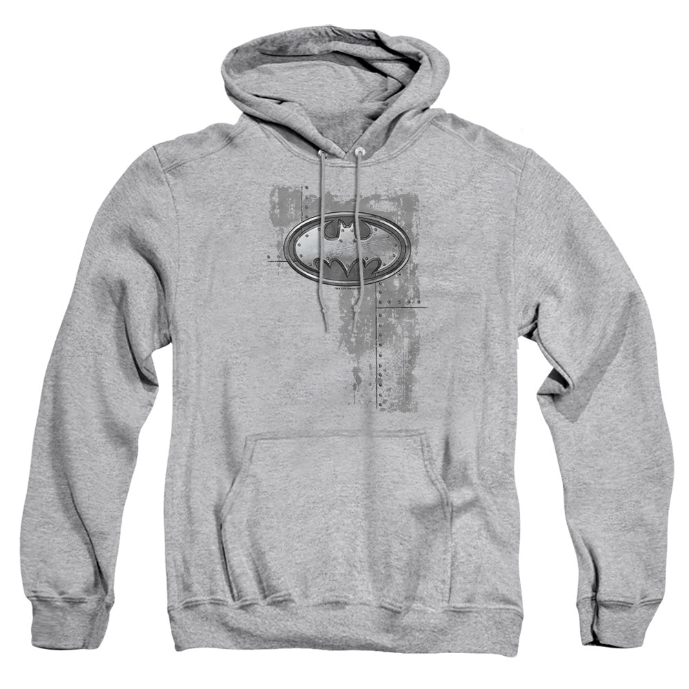 AN OFFCIALLY LICENSED BATMAN RIVITED METAL LOGO ADULT UNISEX PULLOVER HOODIE ATHLETIC HEATHER