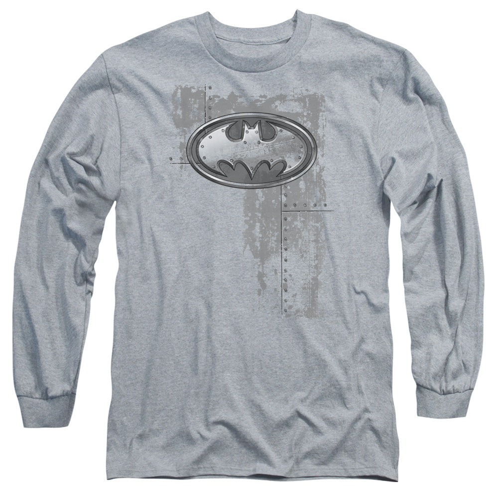 AN OFFCIALLY LICENSED BATMAN RIVITED METAL LOGO MEN'S LONG SLEEVE T-SHIRT ATHLETIC HEATHER