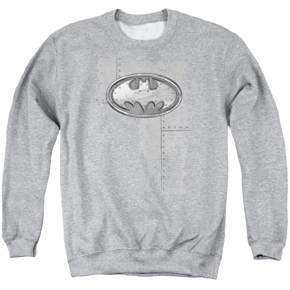 AN OFFCIALLY LICENSED BATMAN RIVITED METAL LOGO ADULT UNISEX CREWNECK SWEATSHIRT ATHLETIC HEATHER