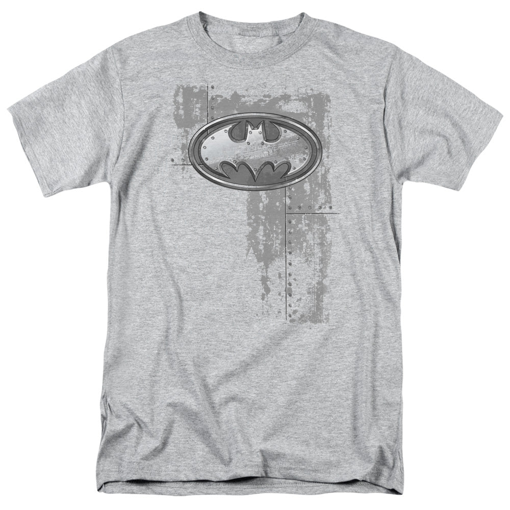 AN OFFCIALLY LICENSED BATMAN RIVITED METAL LOGO MEN'S REGULAR FIT T-SHIRT ATHLETIC HEATHER
