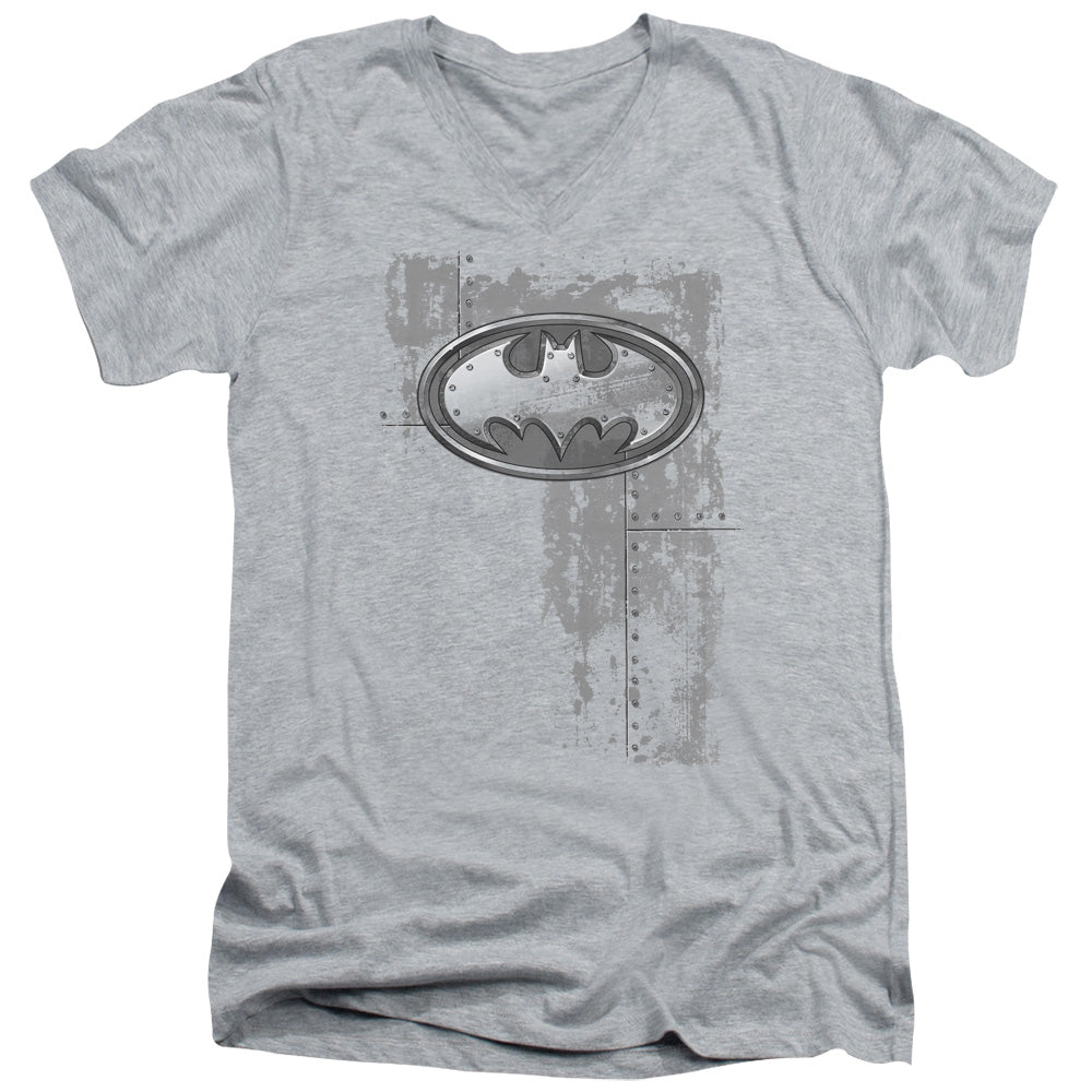 AN OFFCIALLY LICENSED BATMAN RIVITED METAL LOGO MEN'S V-NECK T-SHIRT ATHLETIC HEATHER