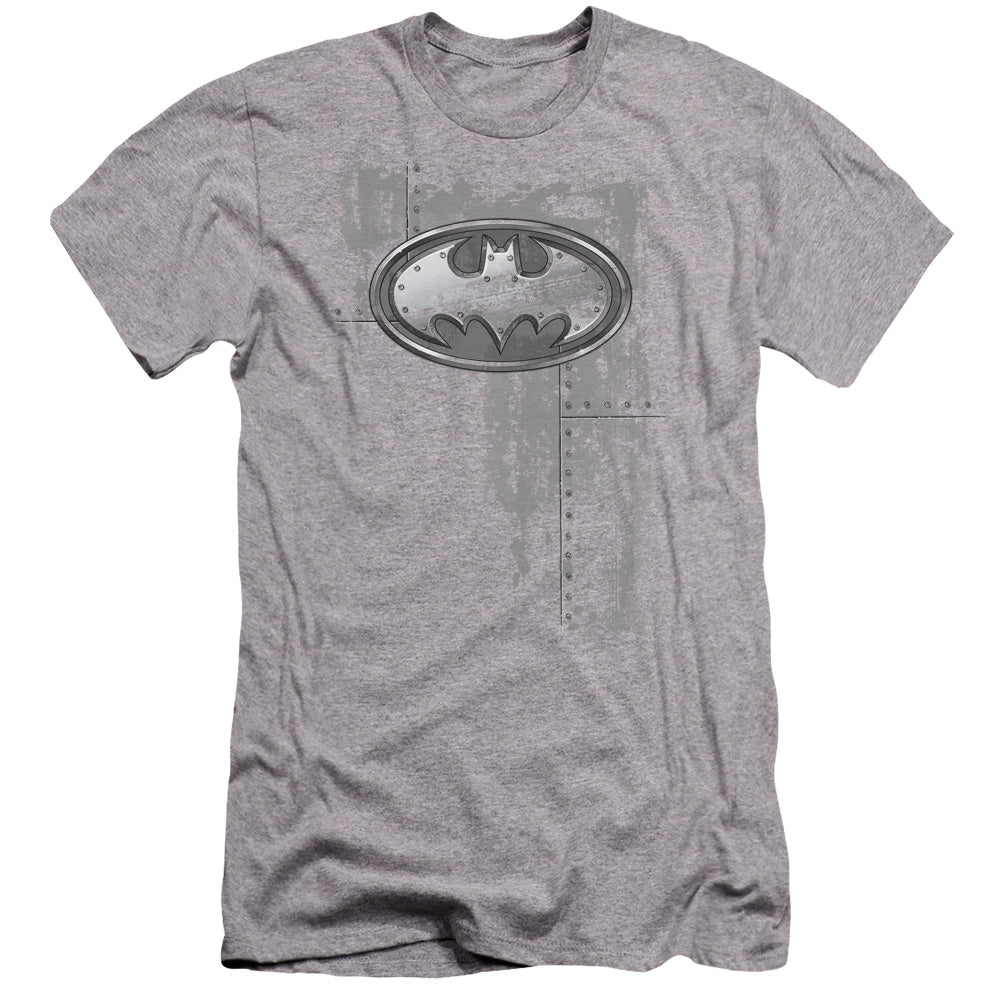 AN OFFCIALLY LICENSED BATMAN RIVITED METAL LOGO MEN'S PREMIUM SLIM FIT T-SHIRT ATHLETIC HEATHER