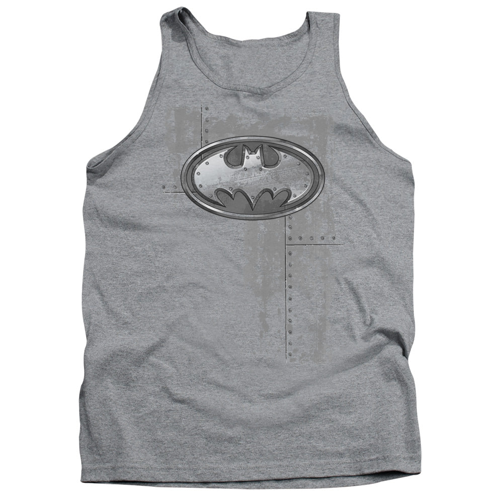 AN OFFCIALLY LICENSED BATMAN RIVITED METAL LOGO ADULT UNISEX TANK TOP ATHLETIC HEATHER