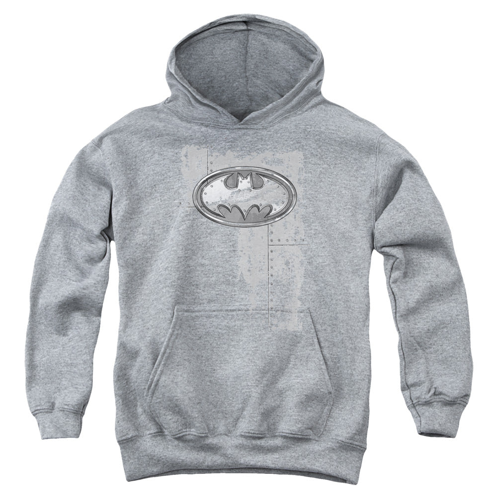 AN OFFCIALLY LICENSED BATMAN RIVITED METAL LOGO YOUTH HOODIE ATHLETIC HEATHER