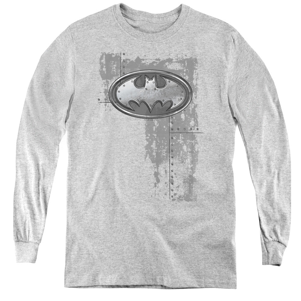 AN OFFCIALLY LICENSED BATMAN RIVITED METAL LOGO YOUTH LONG SLEEVE T-SHIRT ATHLETIC HEATHER