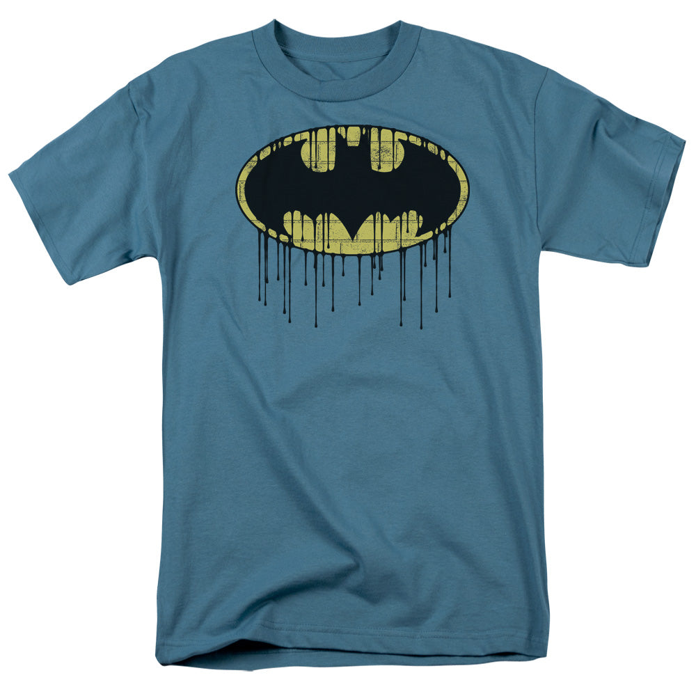 AN OFFCIALLY LICENSED BATMAN DRIPPING BRICK WALL SHIELD MEN'S REGULAR FIT T-SHIRT SLATE