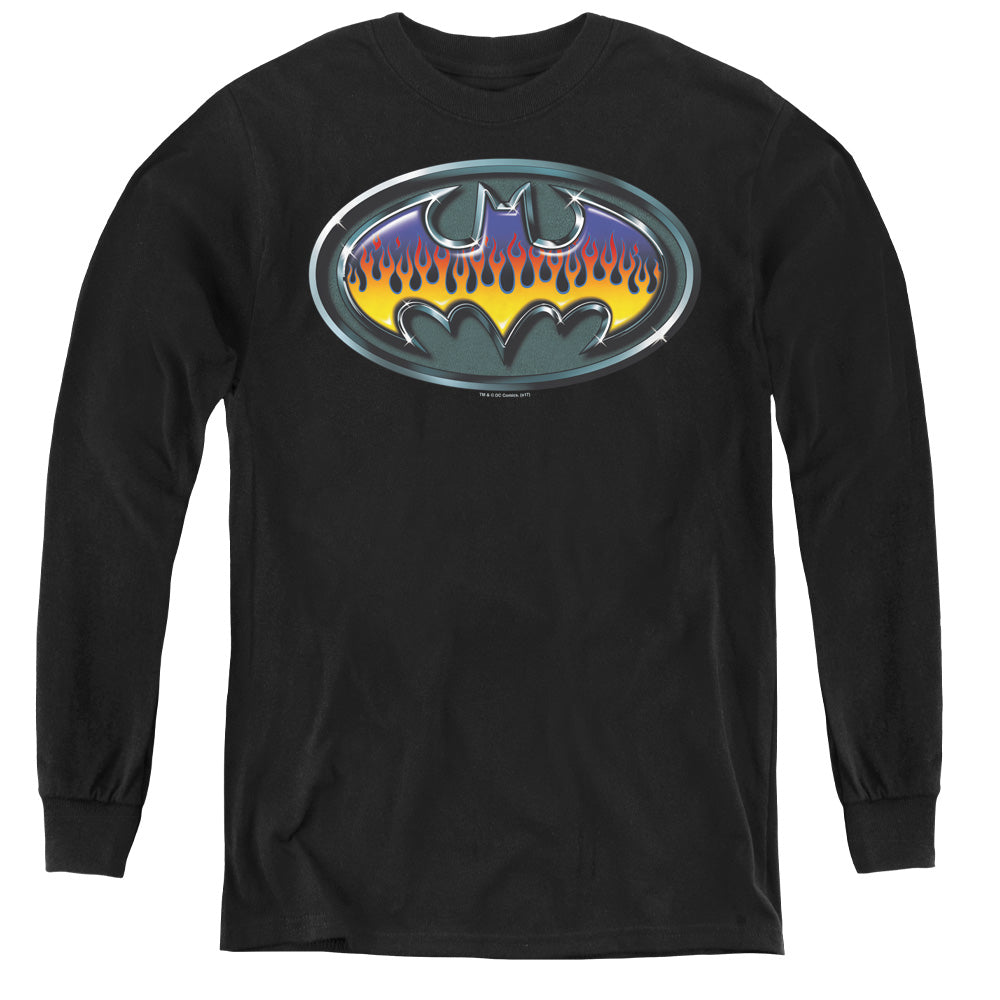 AN OFFCIALLY LICENSED BATMAN HOT ROD SHIELD YOUTH LONG SLEEVE T-SHIRT BLACK