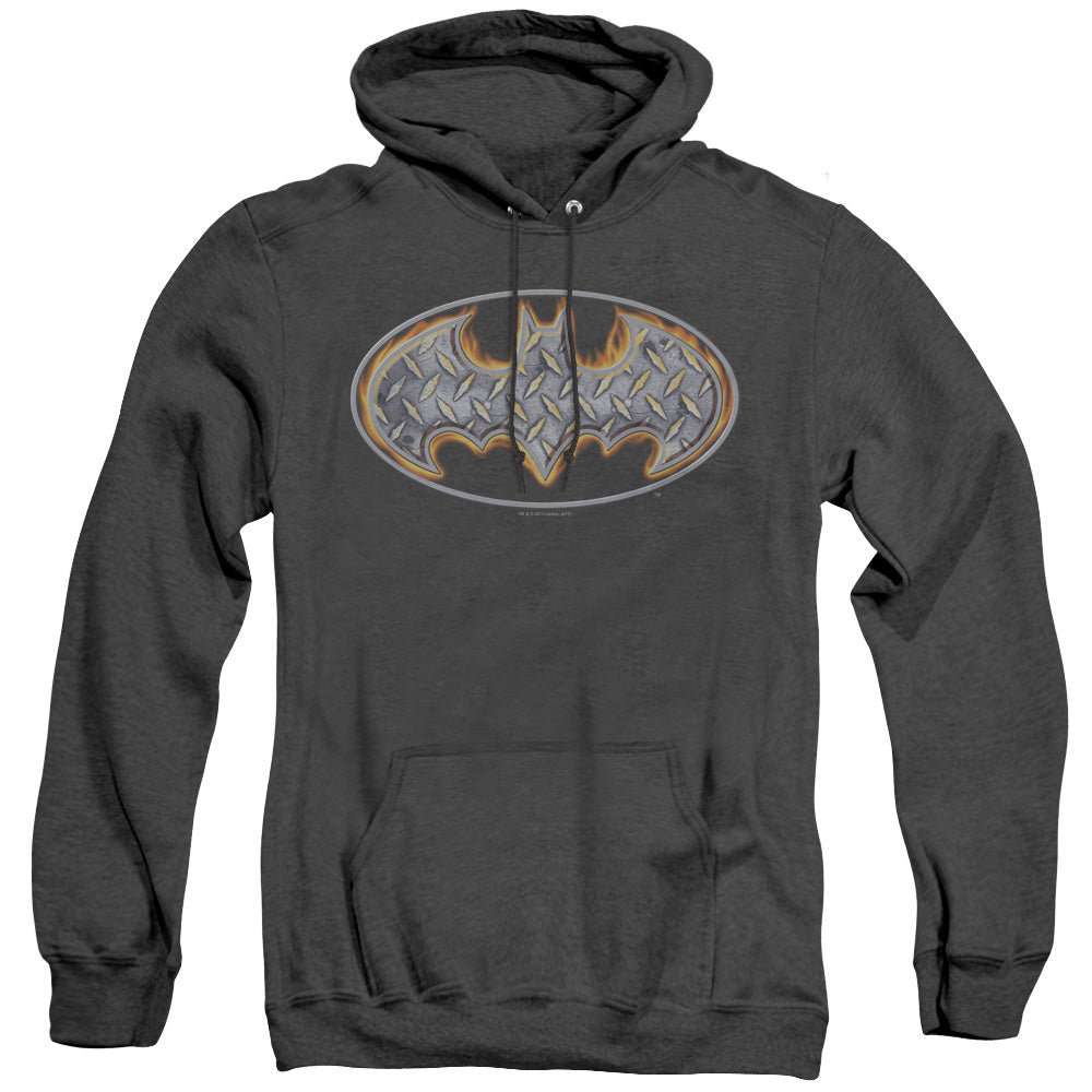 AN OFFCIALLY LICENSED BATMAN STEEL FIRE SHIELD ADULT UNISEX HEATHER PULLOVER HOODIE BLACK