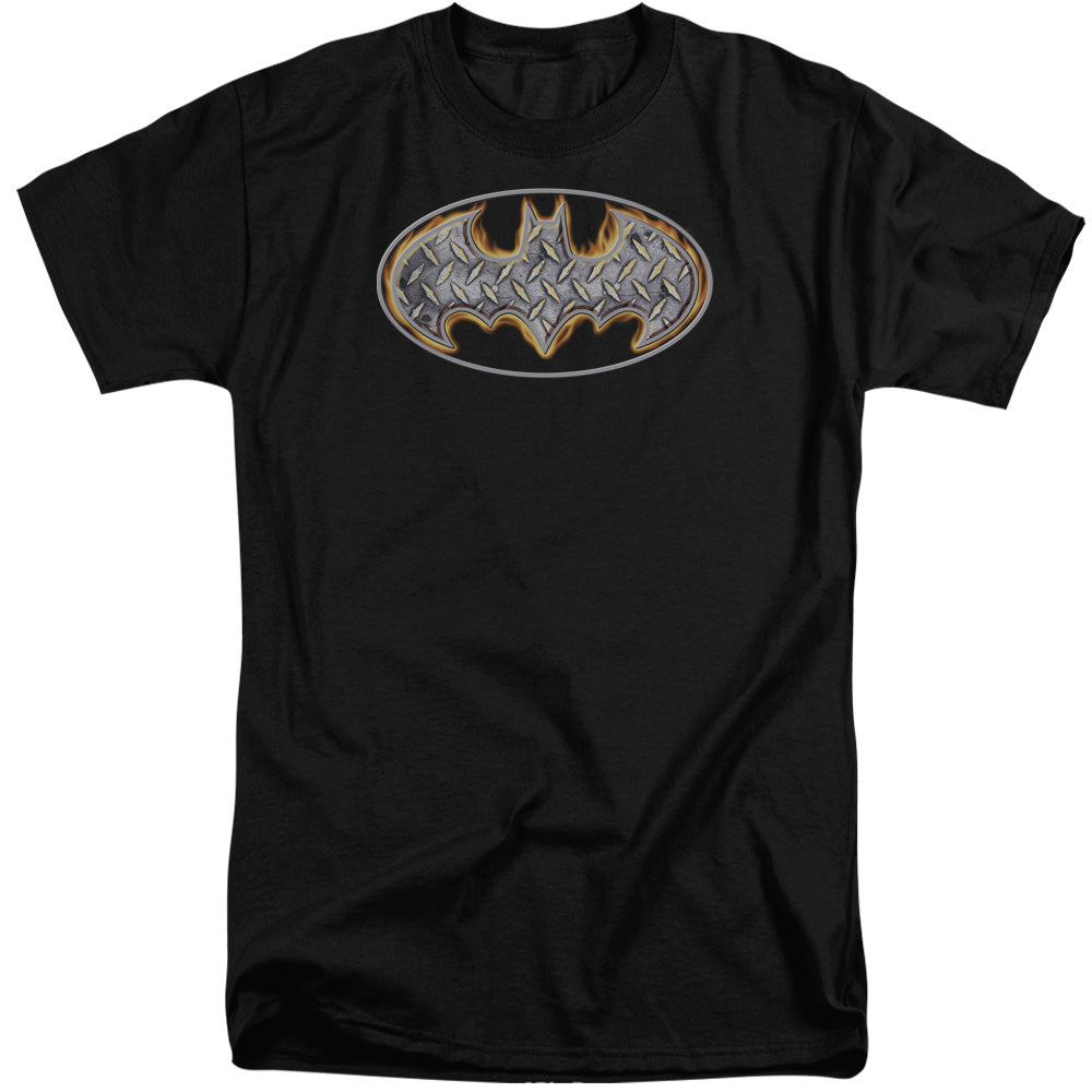 AN OFFCIALLY LICENSED BATMAN STEEL FIRE SHIELD MEN'S TALL FIT T-SHIRT BLACK