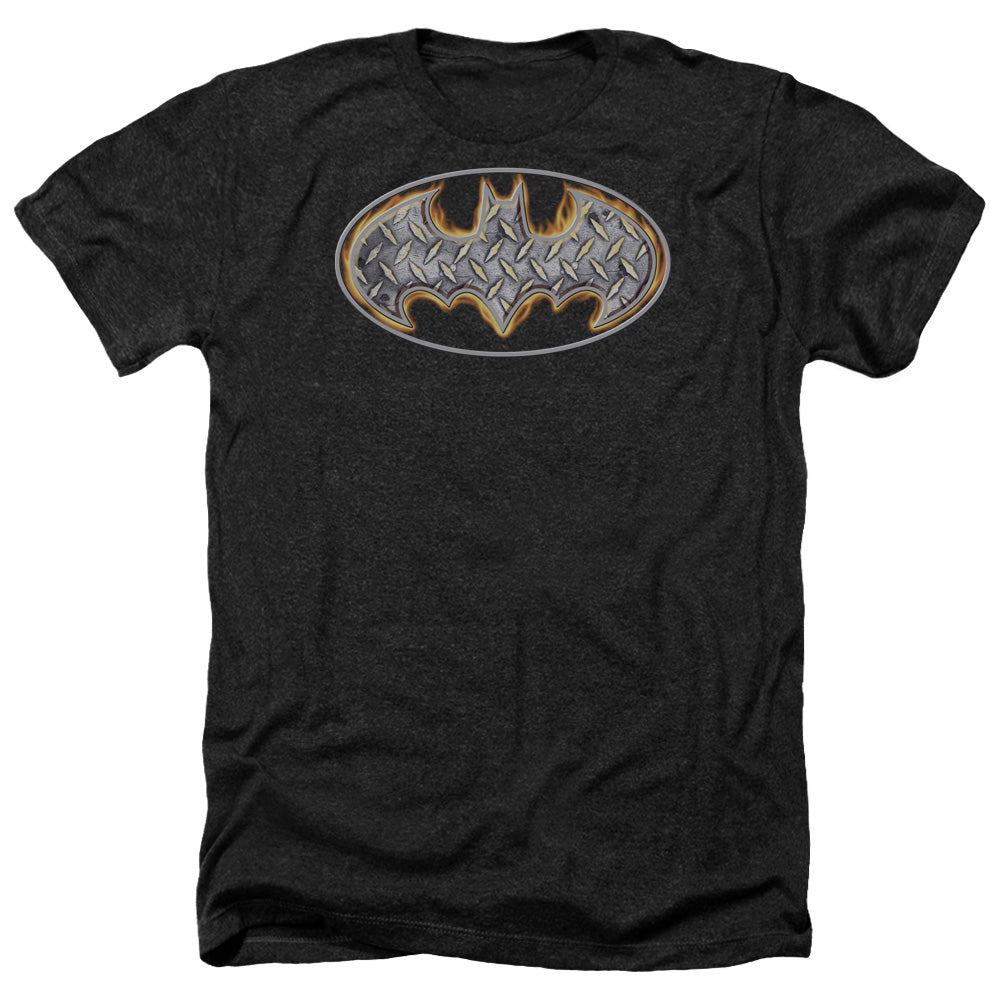 AN OFFCIALLY LICENSED BATMAN STEEL FIRE SHIELD MEN'S HEATHER T-SHIRT CHARCOAL