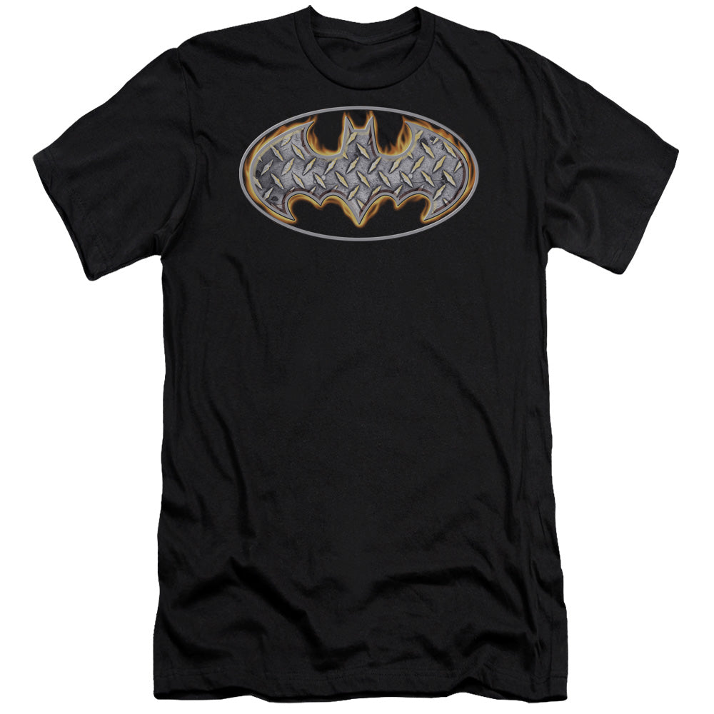 AN OFFCIALLY LICENSED BATMAN STEEL FIRE SHIELD MEN'S PREMIUM SLIM FIT T-SHIRT BLACK