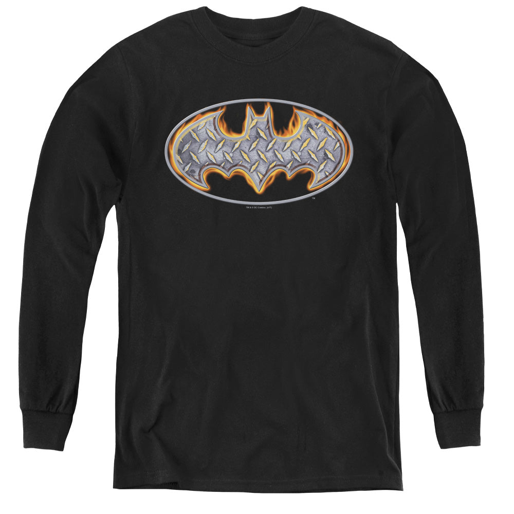 AN OFFCIALLY LICENSED BATMAN STEEL FIRE SHIELD YOUTH LONG SLEEVE T-SHIRT BLACK