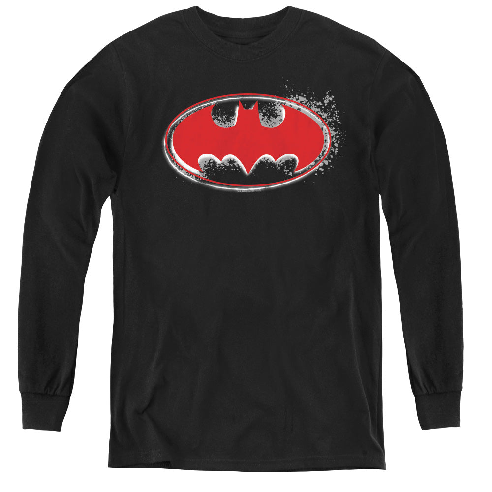 AN OFFCIALLY LICENSED BATMAN HARDCORE NOIR BAT LOGO YOUTH LONG SLEEVE T-SHIRT BLACK