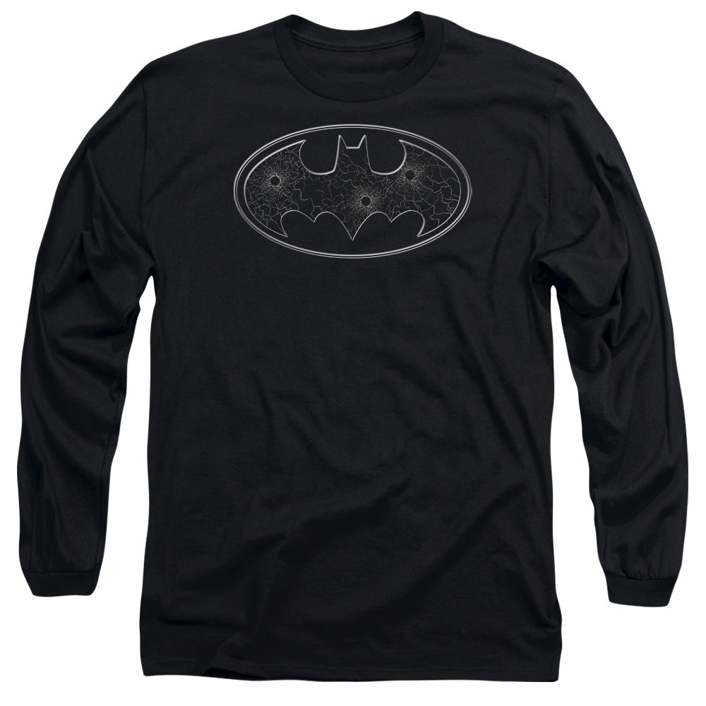 AN OFFCIALLY LICENSED BATMAN GLASS HOLE LOGO MEN'S LONG SLEEVE T-SHIRT BLACK