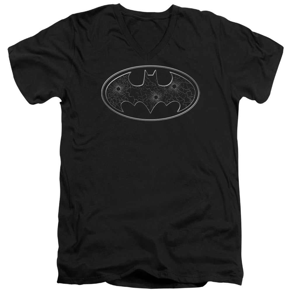AN OFFCIALLY LICENSED BATMAN GLASS HOLE LOGO MEN'S V-NECK T-SHIRT BLACK