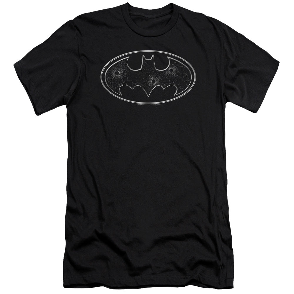 AN OFFCIALLY LICENSED BATMAN GLASS HOLE LOGO MEN'S PREMIUM SLIM FIT T-SHIRT BLACK