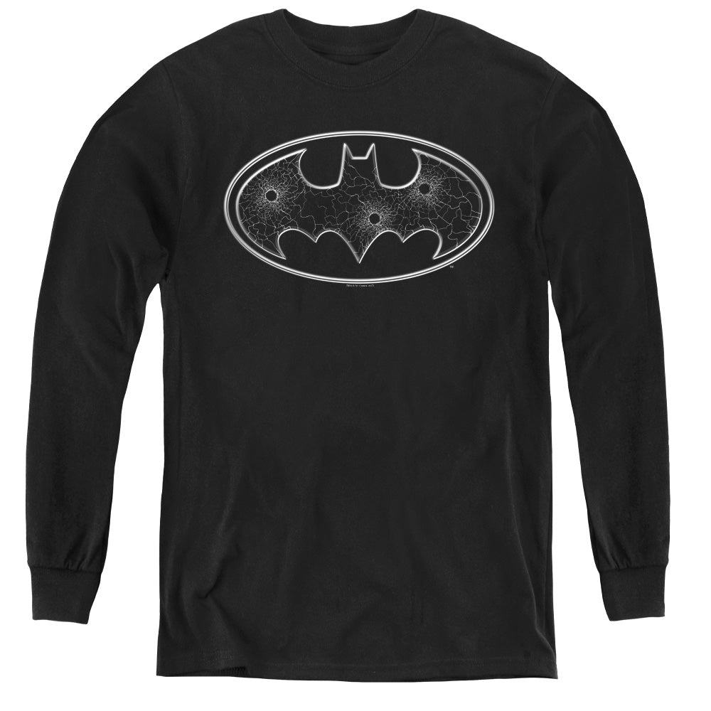 AN OFFCIALLY LICENSED BATMAN GLASS HOLE LOGO YOUTH LONG SLEEVE T-SHIRT BLACK