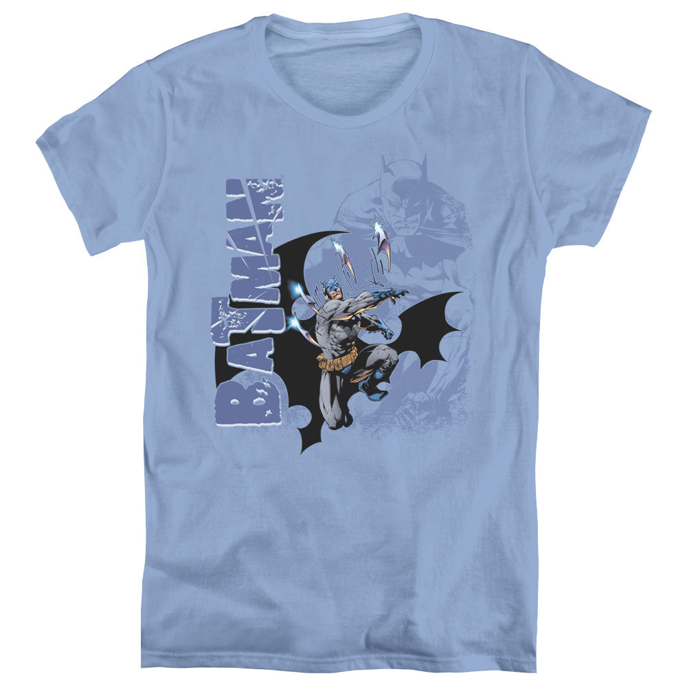 AN OFFCIALLY LICENSED BATMAN THROWING BLADES WOMEN'S REGULAR FIT T-SHIRT CAROLINA BLUE