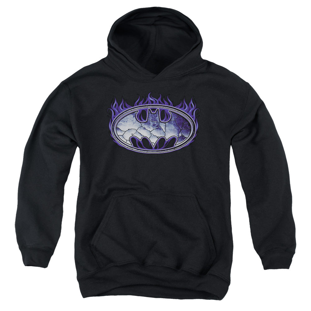 AN OFFCIALLY LICENSED BATMAN CRACKED SHIELD YOUTH HOODIE BLACK