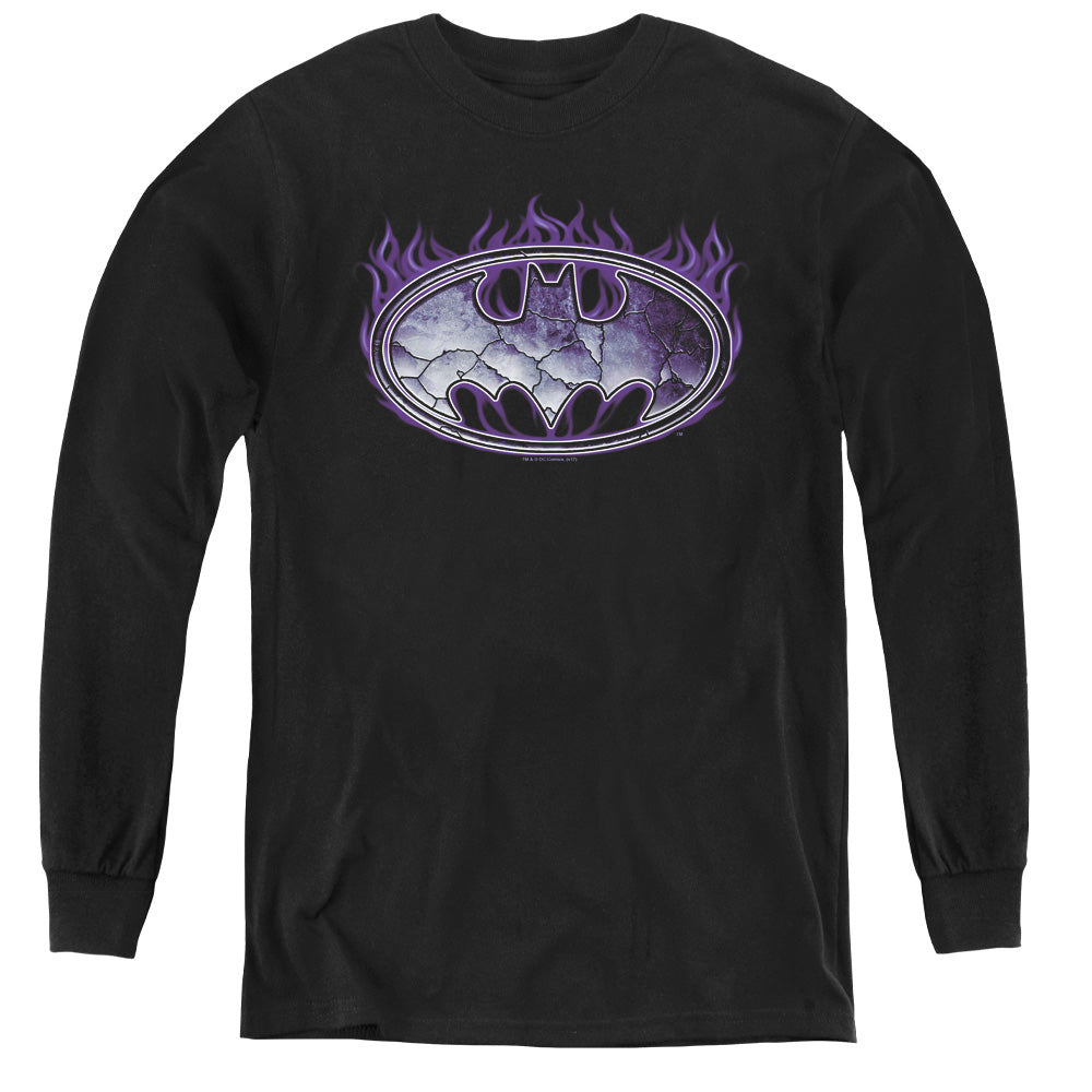 AN OFFCIALLY LICENSED BATMAN CRACKED SHIELD YOUTH LONG SLEEVE T-SHIRT BLACK