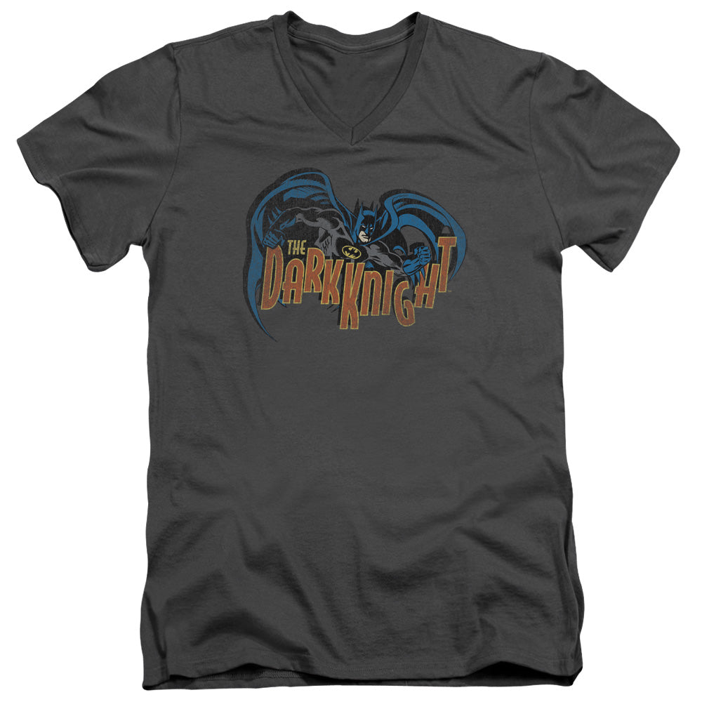 AN OFFCIALLY LICENSED BATMAN RETRO DARK KNIGHT MEN'S V-NECK T-SHIRT CHARCOAL