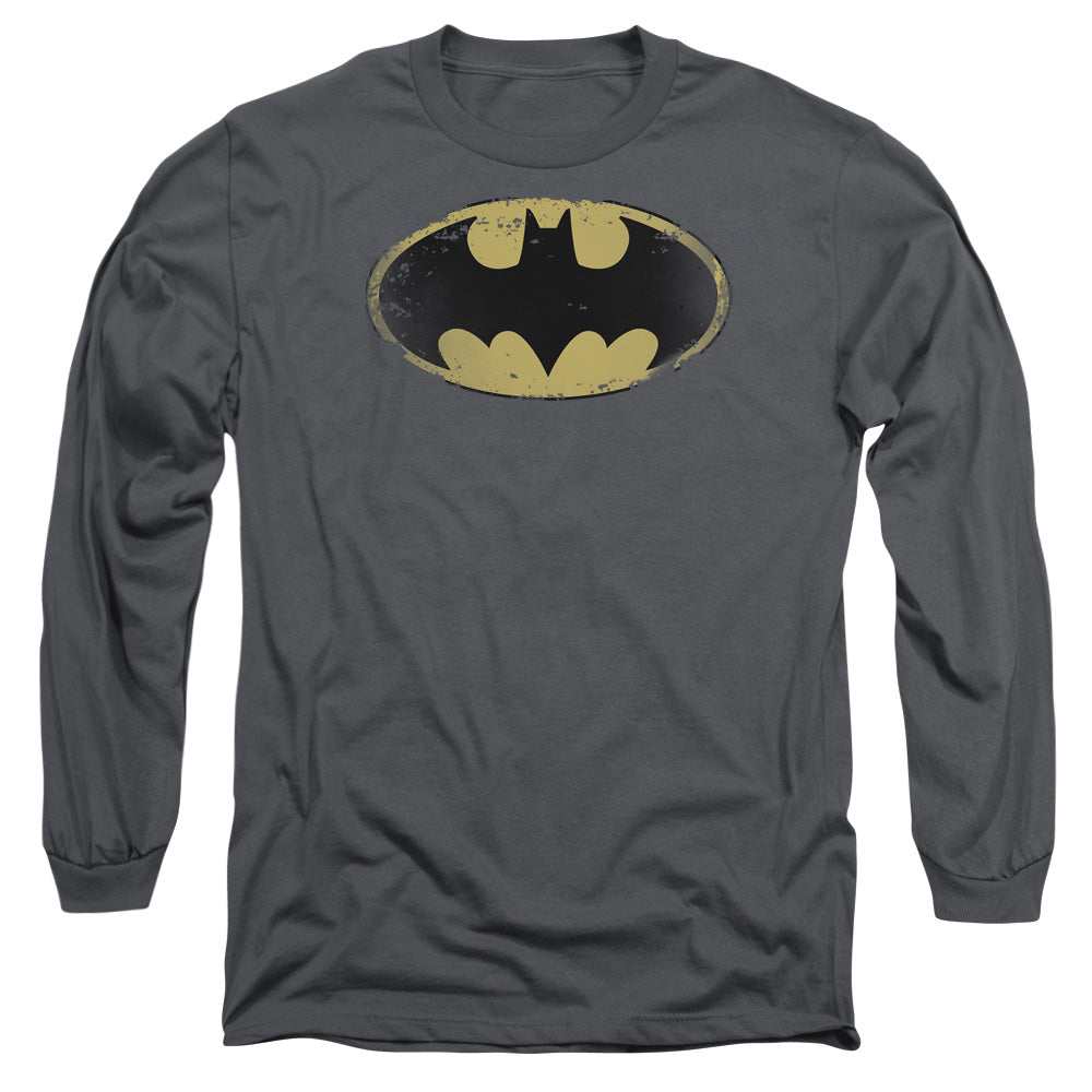 AN OFFCIALLY LICENSED BATMAN DISTRESSED SHIELD MEN'S LONG SLEEVE T-SHIRT CHARCOAL