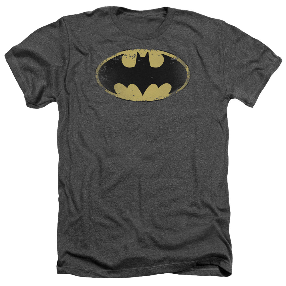 AN OFFCIALLY LICENSED BATMAN DISTRESSED SHIELD MEN'S HEATHER T-SHIRT CHARCOAL