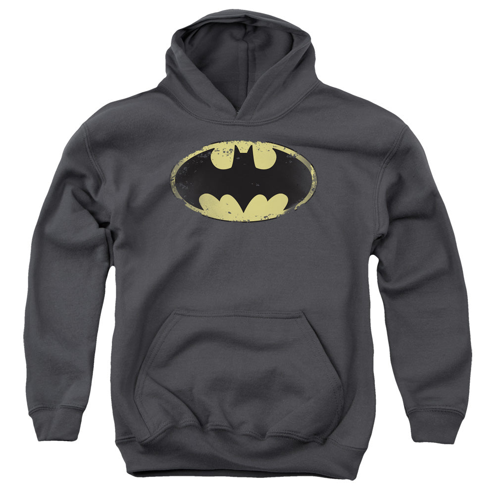 AN OFFCIALLY LICENSED BATMAN DISTRESSED SHIELD YOUTH HOODIE CHARCOAL