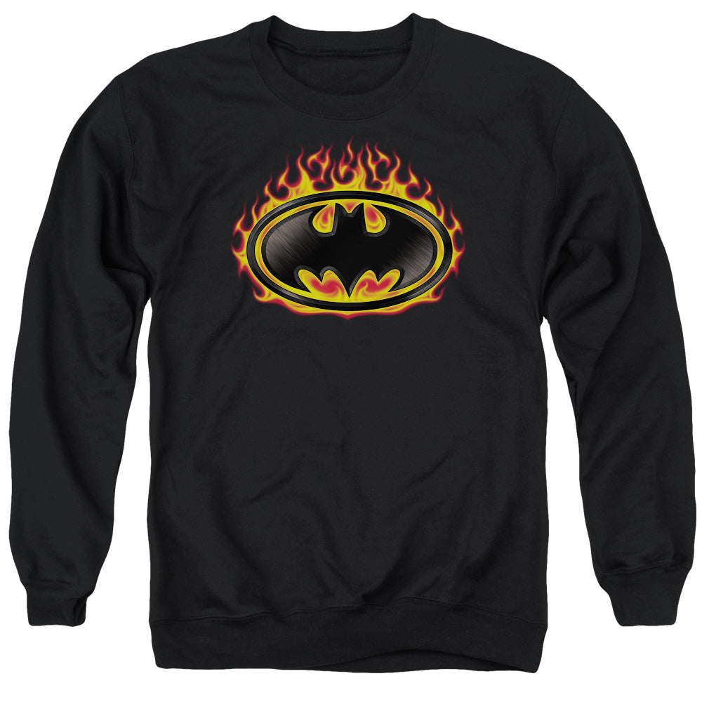 AN OFFCIALLY LICENSED BATMAN BAT FLAMES SHIELD ADULT UNISEX CREWNECK SWEATSHIRT BLACK