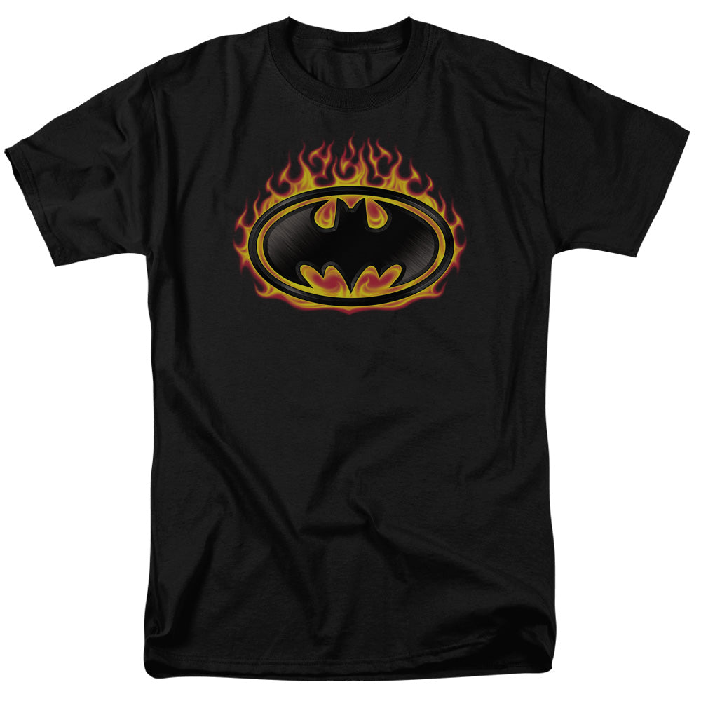 AN OFFCIALLY LICENSED BATMAN BAT FLAMES SHIELD MEN'S REGULAR FIT T-SHIRT BLACK