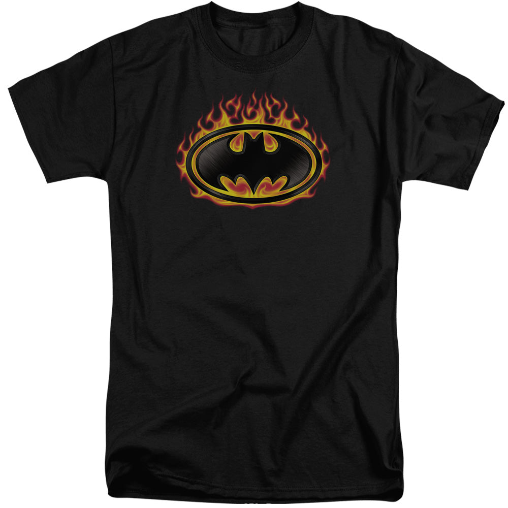 AN OFFCIALLY LICENSED BATMAN BAT FLAMES SHIELD MEN'S TALL FIT T-SHIRT BLACK