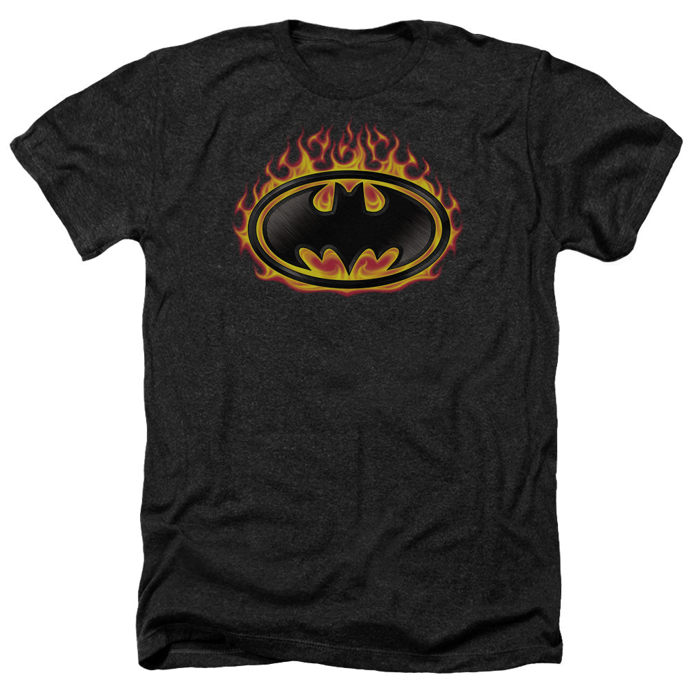 AN OFFCIALLY LICENSED BATMAN BAT FLAMES SHIELD MEN'S HEATHER T-SHIRT CHARCOAL