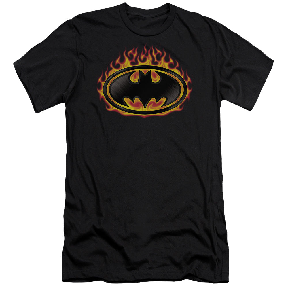 AN OFFCIALLY LICENSED BATMAN BAT FLAMES SHIELD MEN'S PREMIUM SLIM FIT T-SHIRT BLACK
