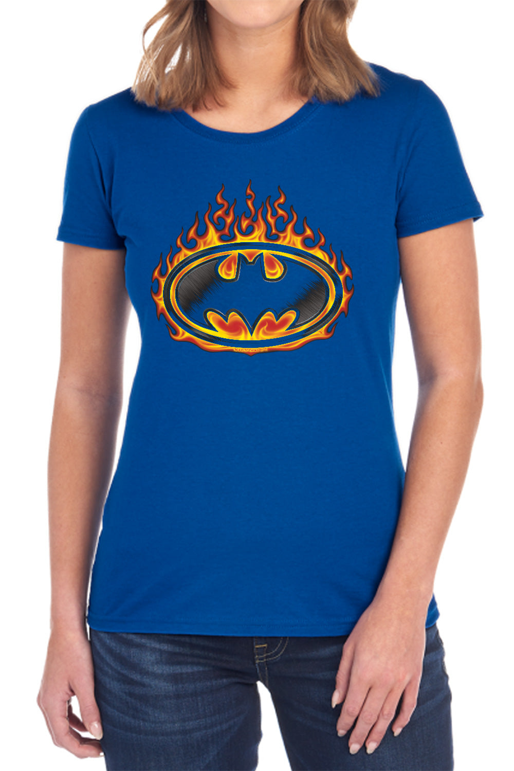 AN OFFCIALLY LICENSED BATMAN BAT FLAMES SHIELD WOMEN'S REGULAR FIT T-SHIRT BLACK