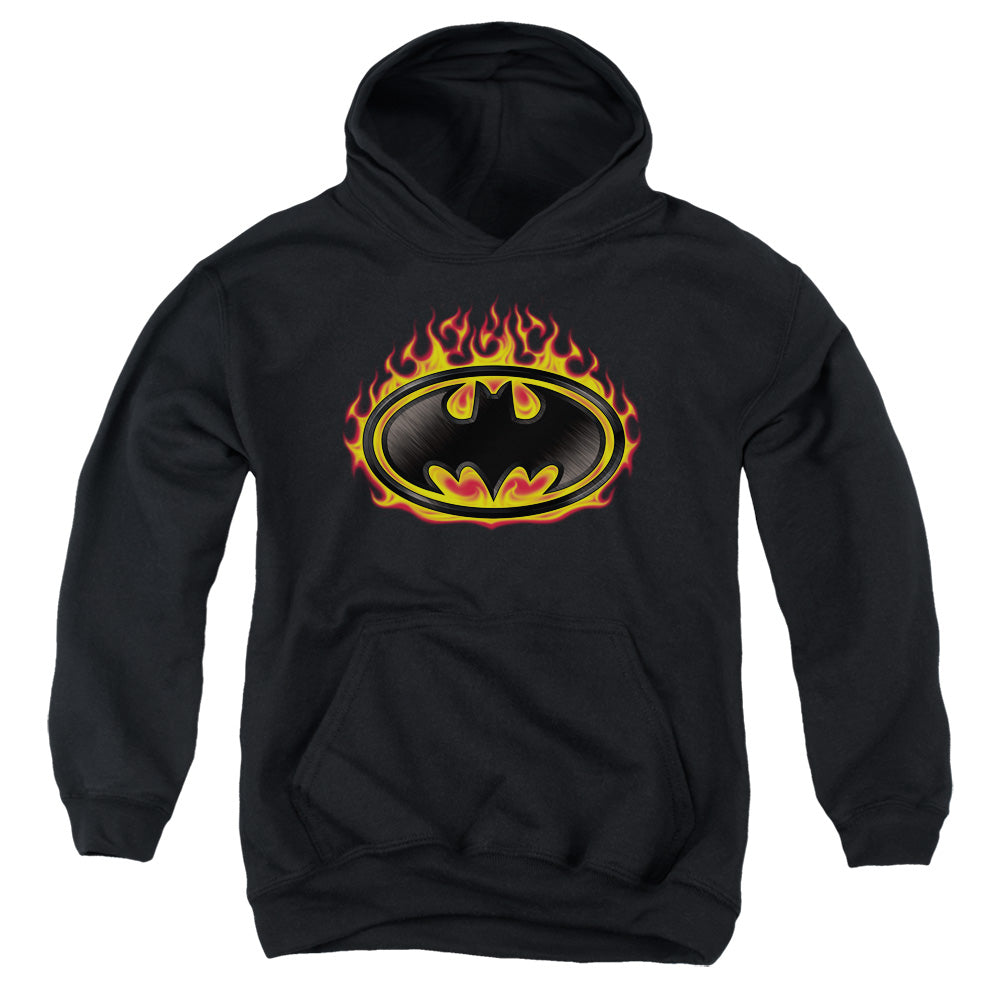 AN OFFCIALLY LICENSED BATMAN BAT FLAMES SHIELD YOUTH HOODIE BLACK